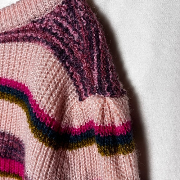 Sundance | Pink Green Striped Wool Blend V-Neck Sweater, Large - Picture 5 of 9